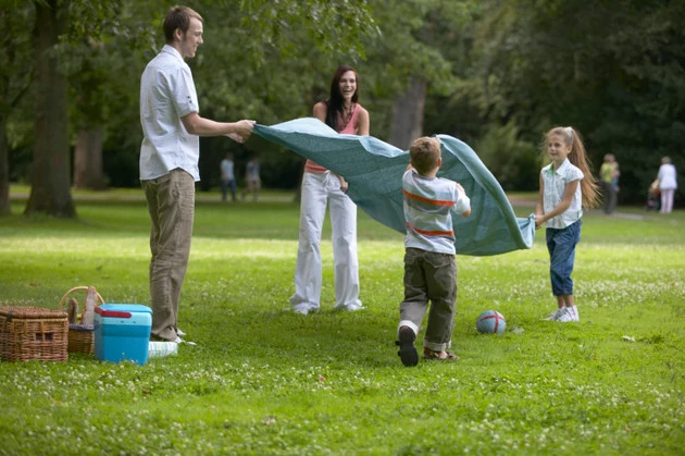 Family shaking out picnic blanket in park